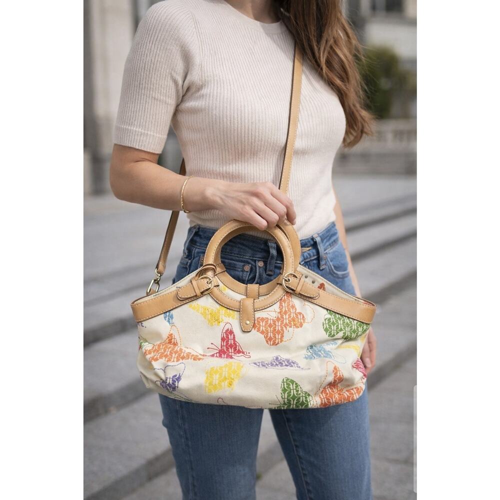 FOSSIL Floral Canvas Leather Trim Shoulder Bag Tote Handbag